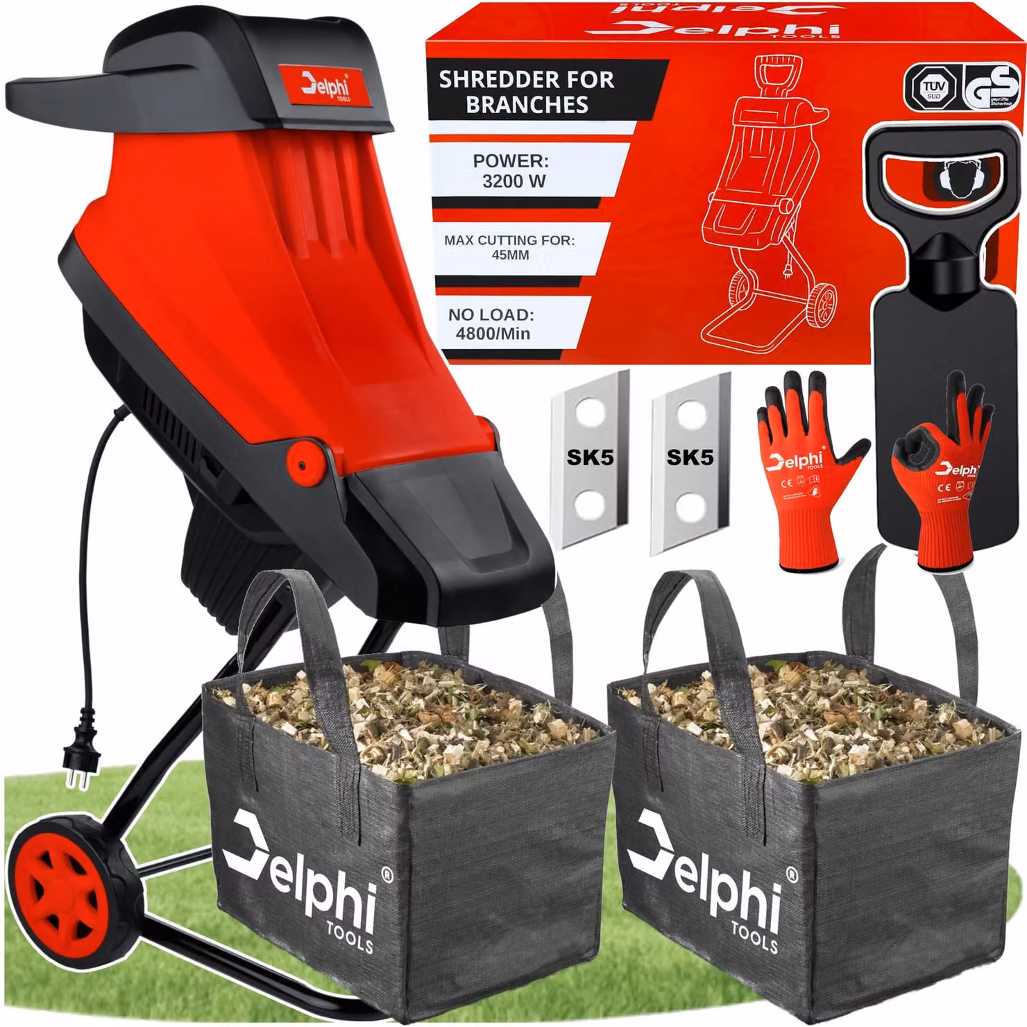 Trituratore elettrico per rami 3200 W, 45 mm, con 2 contenitori