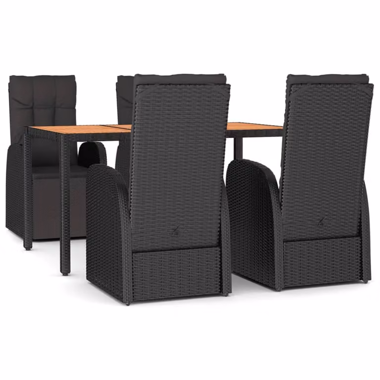 Set Pranzo Giardino 5pz Nero Polyrattan Legno Massello Acacia