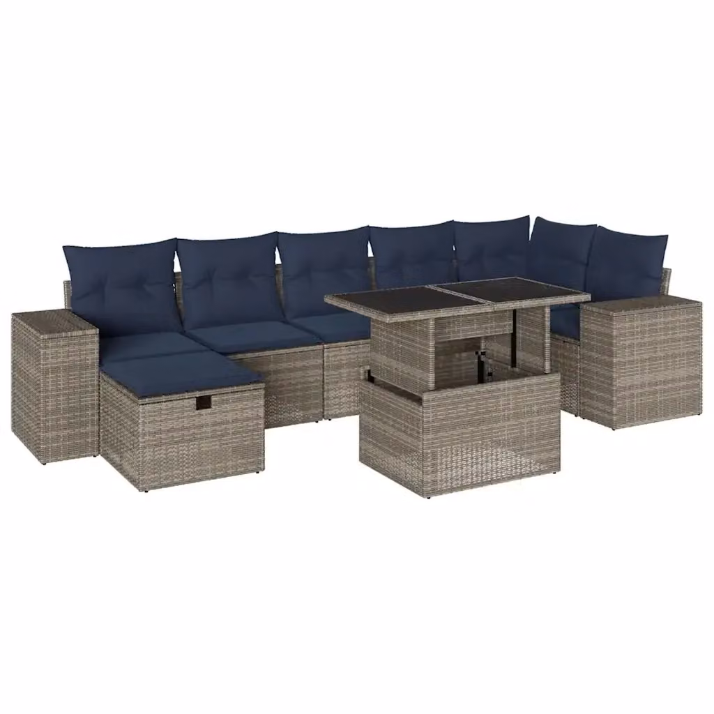 Set di divani da giardino vidaXL a forma di L composto da 8 pezzi con cuscini grigi e blu in polyrattan e struttura in acciaio verniciato a polvere – 2
