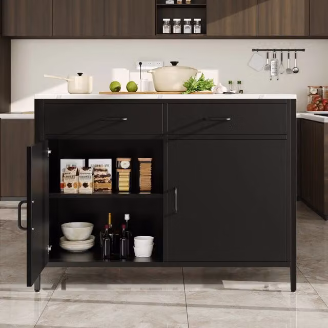 Isola cucina con ruote 120 x 40 x 95 cm; piano ribaltabile in MDF e metallo; nero con effetto legno
