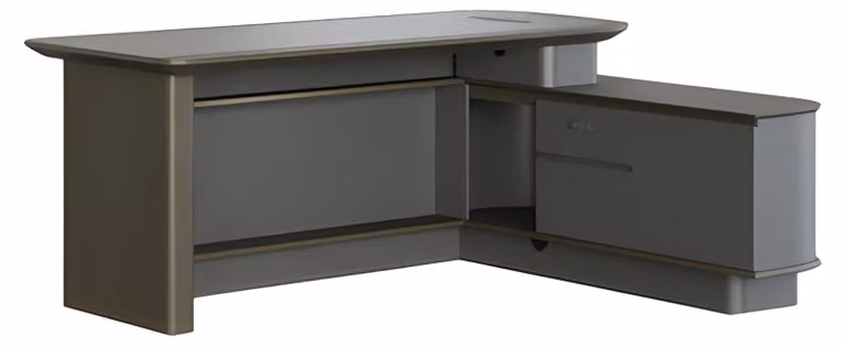 Schreibtisch Chefzimmer Modern Grau Schwarz Winkel Stauraum Kabelkanäle Elegant