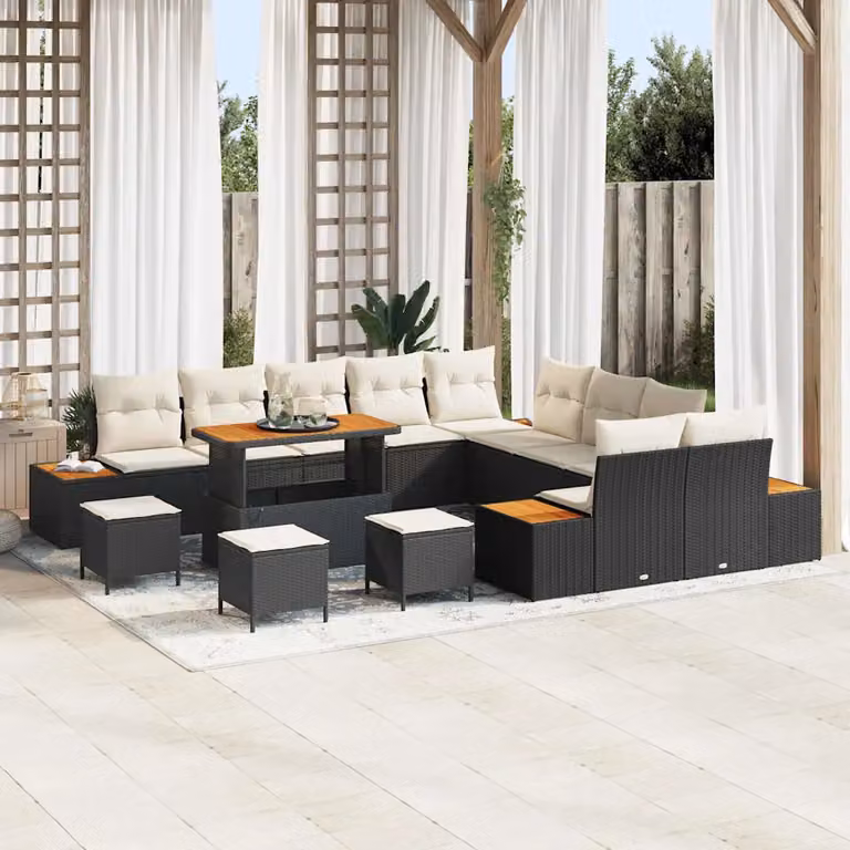 Set Divano da Giardino vidaXL a Forma a U con 14 Pezzi, Colore Nero, Struttura in Acciaio Verniciato a Polvere e Cuscini Inclusi