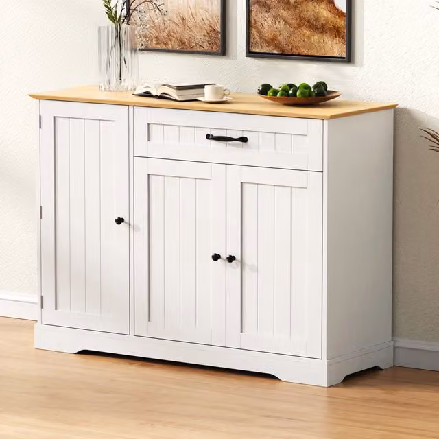 Credenza OKWISH moderna con 3 ante, 1 cassetto e ripiani regolabili in MDF bianco naturale per ingresso, soggiorno e sala da pranzo