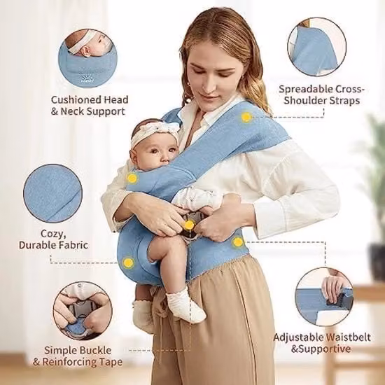 Porta bebè MOMTORY blu con sedile ergonomico per neonati in tessuto