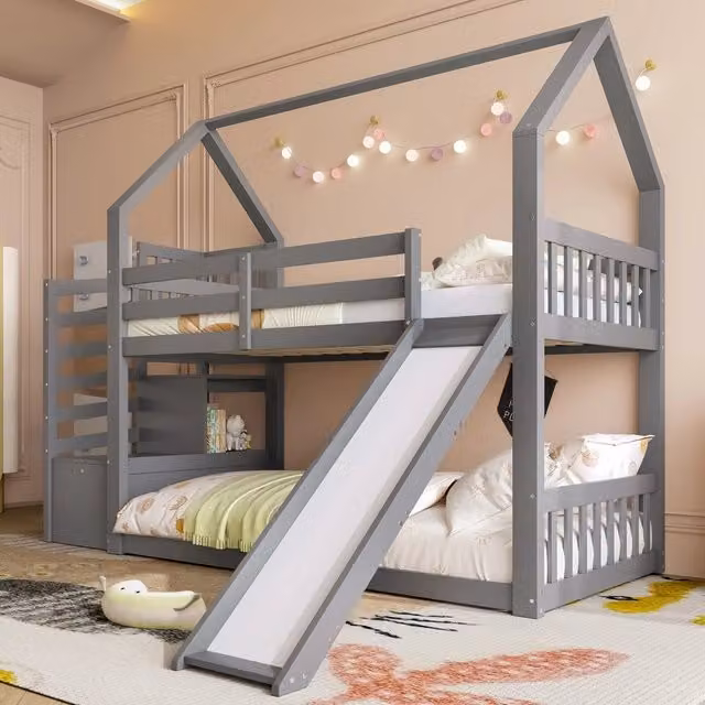 Letto a castello con scivolo e gradini contenitore ¨C Minimal ¨C Grigio 90x200cm in legno