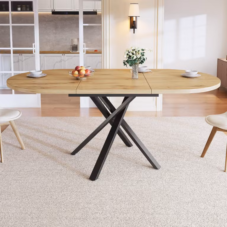 Tavolo da pranzo allungabile Flieks, tavolo rotondo-ovale, tavolo da pranzo con struttura in metallo a X, gambe regolabili, tavolo da cucina 100-140 x 100 x 75,5 cm, color legno
