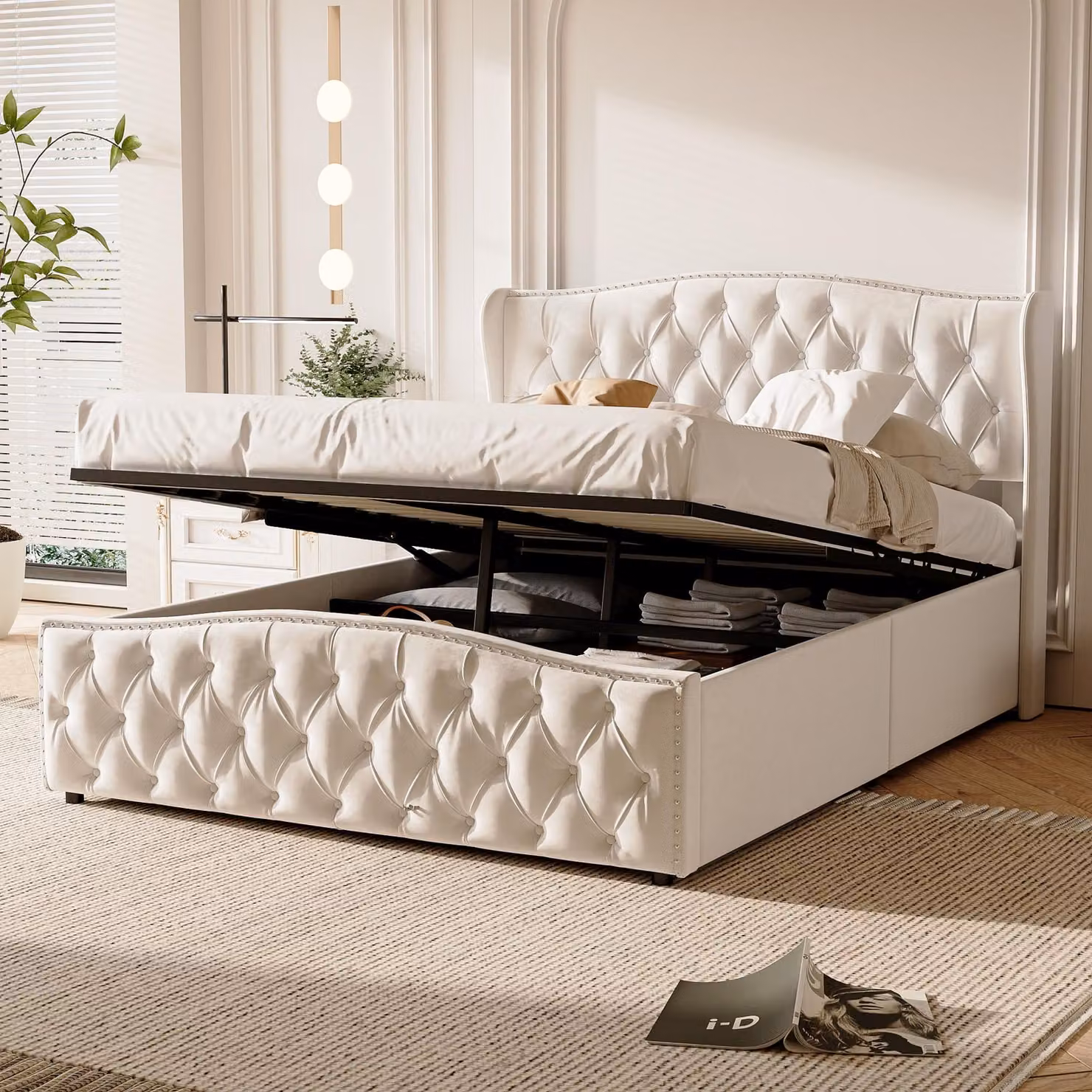 Letto imbottito Fortuna Lai 140x200 cm, letto con rete idraulica, rete a doghe, vano contenitore, rivestimento in velluto beige, letto matrimoniale con funzione di sollevamento