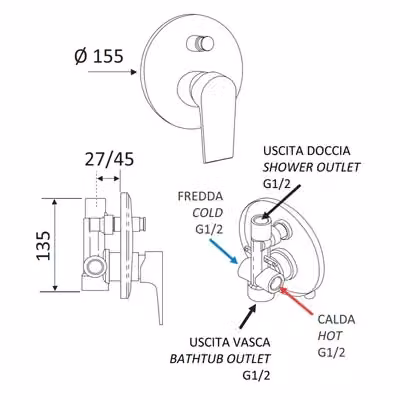 Miscelatore monocomando per doccia incasso con deviatore Linea Artic Maria in ottone nero opaco – 2