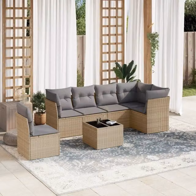 vidaXL Set Divani da Giardino a L 7 pz in Polyrattan con Cuscini Beige e Tavolino da Esterno – 1