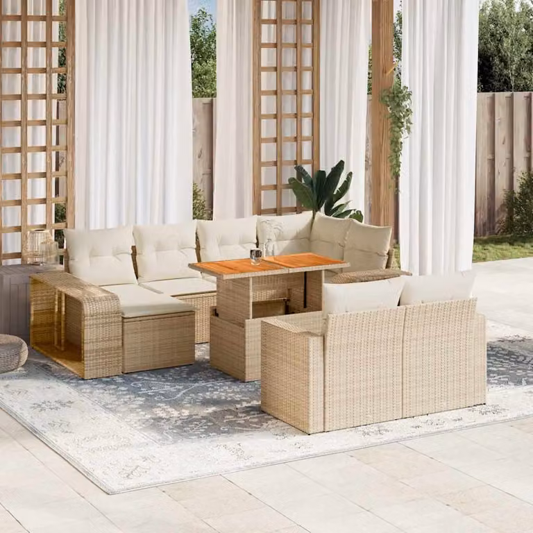 Set di divani da giardino vidaXL in polyrattan beige con cuscini e tavolino da esterno a forma di U