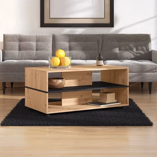Tavolino da salotto Erice DMORA con ruote, moderno, colore marrone rovere e nero, L 101 cm x P 54.5 cm x H 47.5 cm – 1