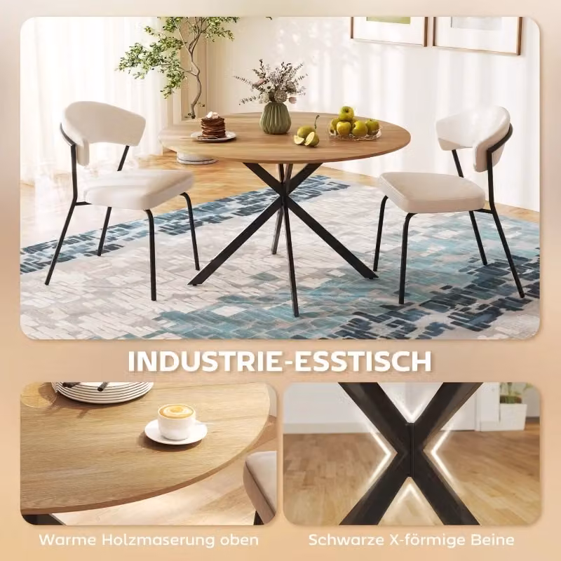 Tavolo da pranzo rotondo REDOM in stile industriale con piano in legno color oak e struttura in metallo, Diametro: 120 cm – 2