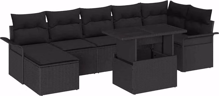 Set Divano da Giardino con cuscino 8 pcs Nero Poly Rattan