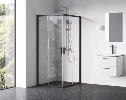 Cabina doccia con ingresso ad angolo RAVAK Blix II 120 cm colore telaio vetro nero decoro vetro chiaro 1XMG0300Z1