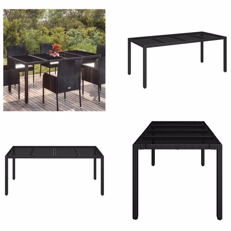 vidaXL Tavolo da giardino con piano in vetro nero 190x90x75 cm in Poly Rattan - Tavolo da giardino con piano in vetro - Tavoli da giardino con piani in vetro - Mobili da giardino - Tavolo da pranzo