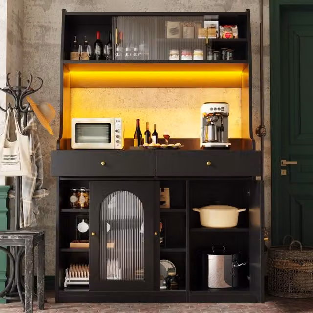 Armadio moderno REDOM nero con ante in vetro, illuminazione integrata e cassetti L/P/H: 66 x 40 x 180 cm