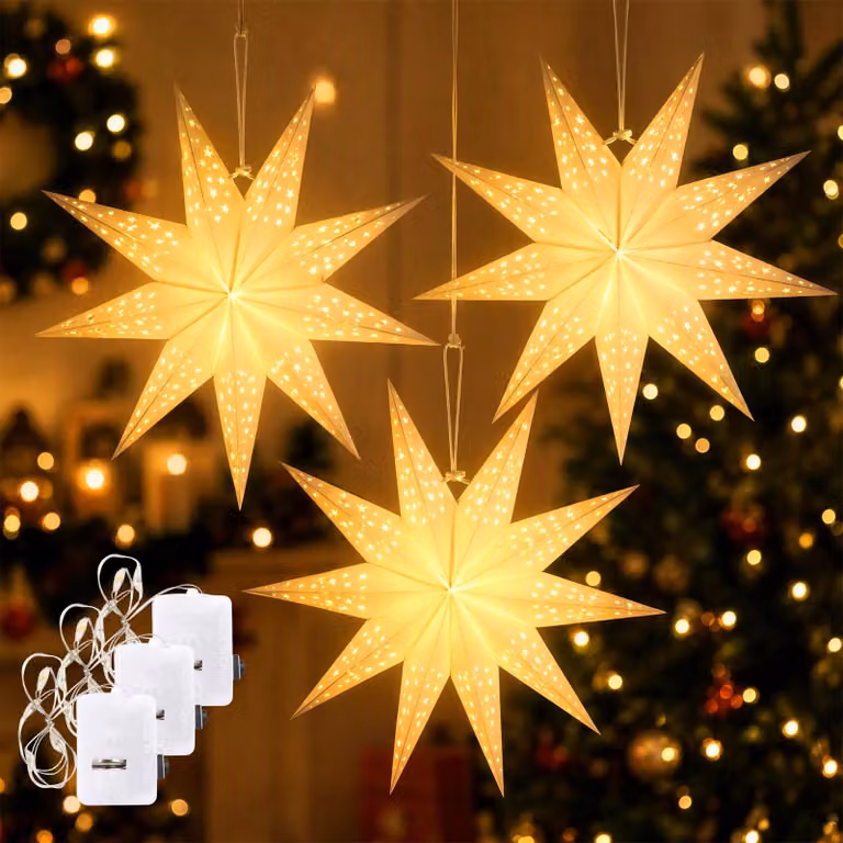 Set di 3 stelle di carta a LED, 45 cm, luce bianco caldo, pieghevoli, effetto 3D