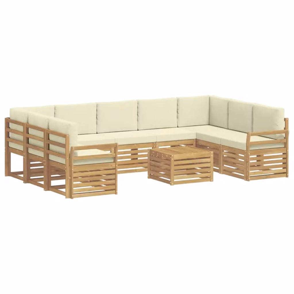 Set di divani da esterno a L vidaXL in legno di acacia con cuscini bianchi e beige – 2