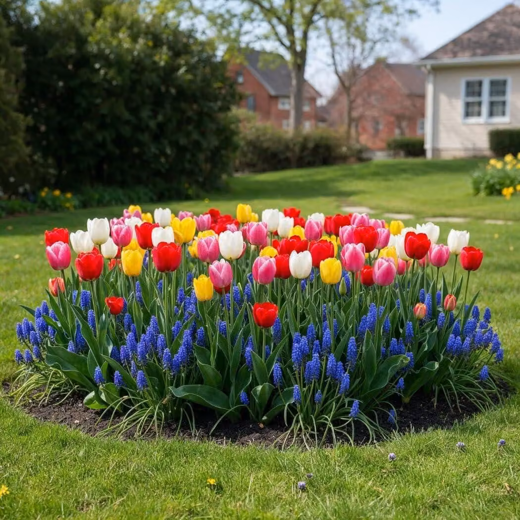 Mix di bulbi di tulipani e muscari, resistenti al freddo e perenni - 10 tulipani + 30 muscari blu - Piante vere provenienti dall'Olanda - ideali per aiuole e vasi (non semi, non artificiali)