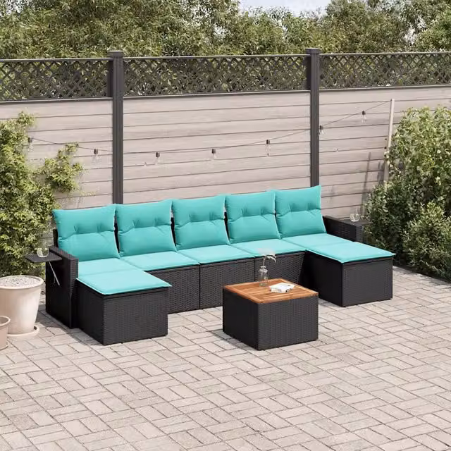 Set da giardino vidaXL in polyrattan nero composto da 8 pezzi con cuscini e tavolino da esterno a forma di U