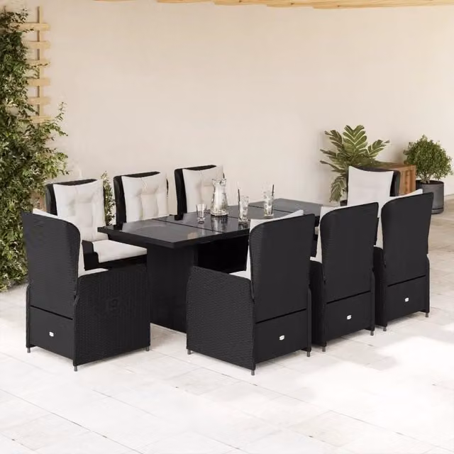 Set da pranzo da giardino vidaXL in polyrattan nero e bianco con 9 pezzi e piano in vetro