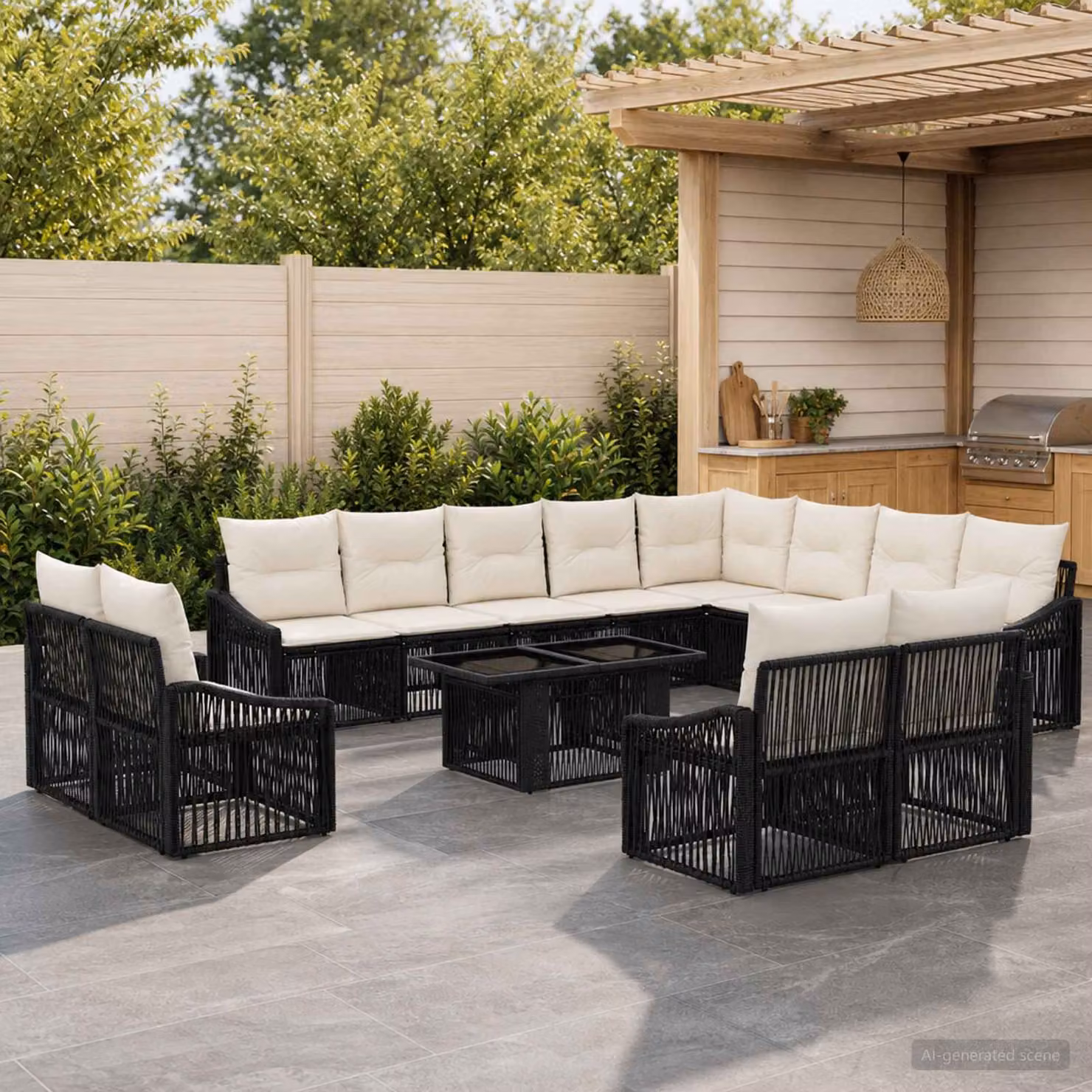 Set Divano da Giardino Moderno vidaXL in Polyrattan 13 Pezzi Nero e Bianco Crema
