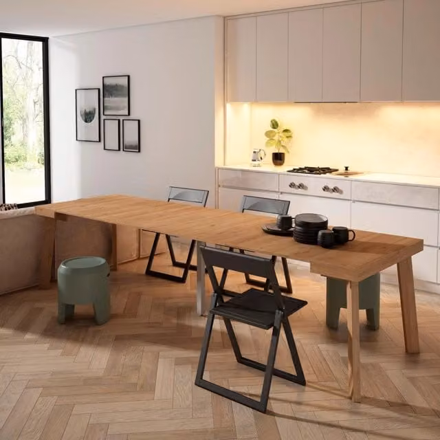 Consolle allungabile, 302x90x73cm, Per 14 persone, Gambe in legno, colore Rovere RF3098