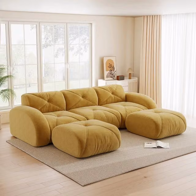 Divano modulare a U senza montaggio con 2 pouf in chenille gialla per soggiorno e relax 281 × 171 × 76 cm