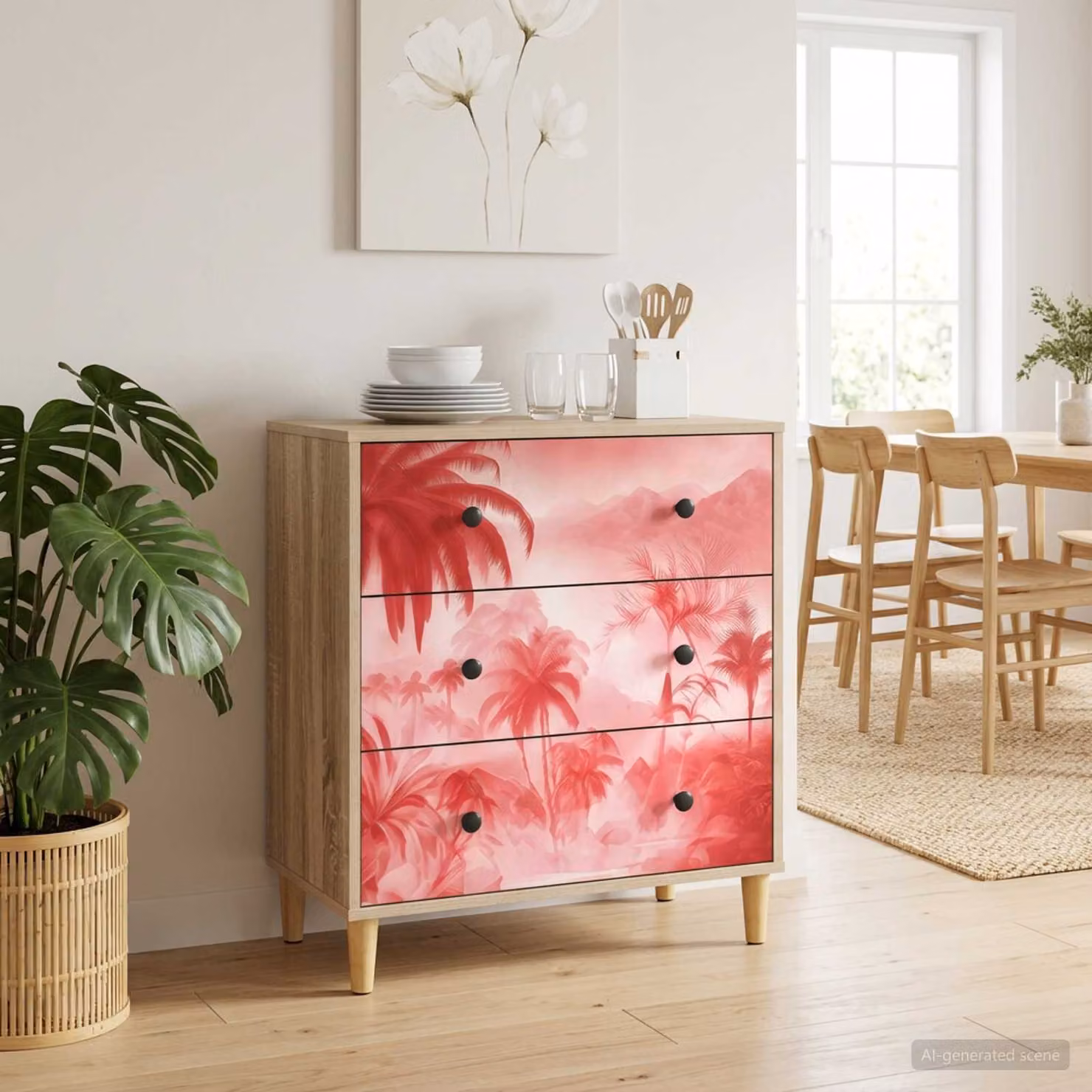 Cassettiera vidaXL AACHEN con stampa di palme rosa, L 66 cm x P 36,5 cm x H 75 cm