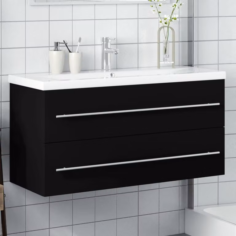 Mobile da bagno moderno vidaXL con lavabo integrato in ceramica, nero opaco, sospeso, L: 100 cm, H: 48 cm, P: 38,5 cm