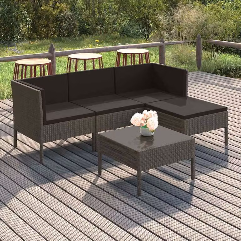 Set Divani da Giardino vidaXL 5 Pezzi in Polyrattan Grigio Antracite con Cuscini e Tavolino da Esterno