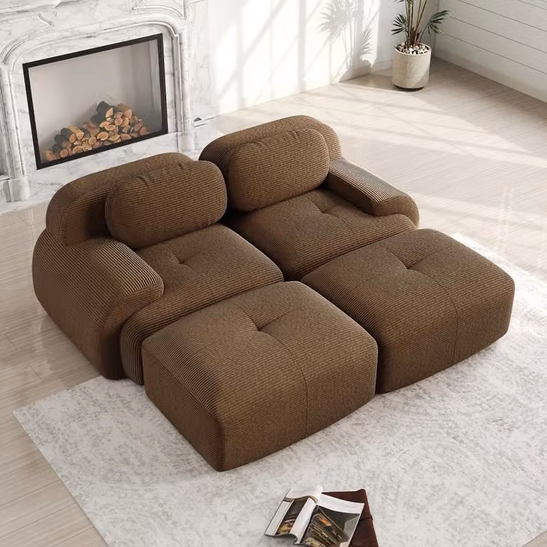 Divano a due posti, colore marrone corda, divano modulare con chaise longue, divano senza struttura con imbottitura in schiuma 32D, antiscivolo, dimensioni 208x178x70 cm