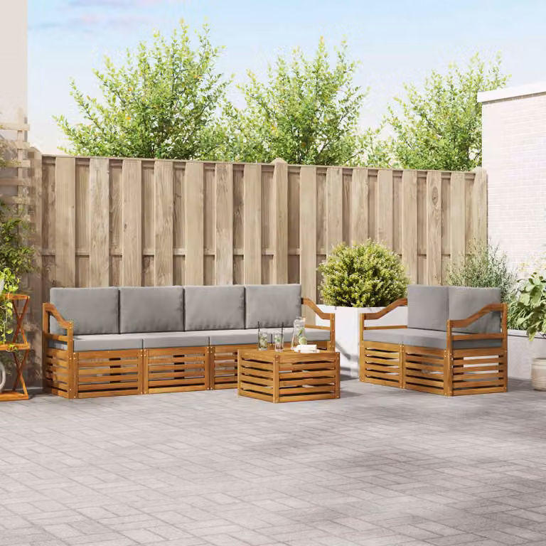 Set di divani da esterno vidaXL 7 pz in legno di acacia con cuscini grigi e tavolino da caffè a forma di L