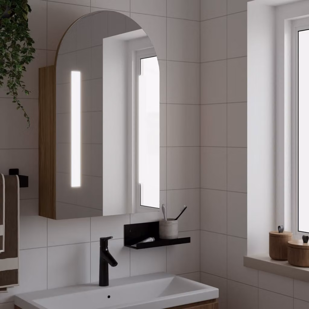 Armadietto da bagno con specchio e illuminazione LED vidaXL in rovere marrone, L 42 cm x P 13 cm x H 70 cm