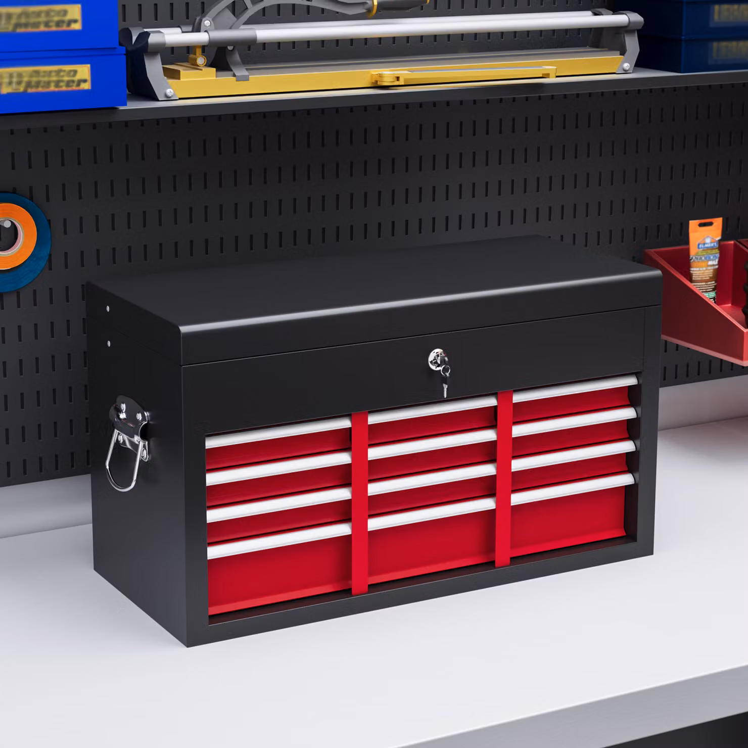 Cassetta per attrezzi HOMCOM in acciaio con 6 cassetti e serratura, Nero e Rosso, L 60 cm x P 26 cm x H 34 cm – 2