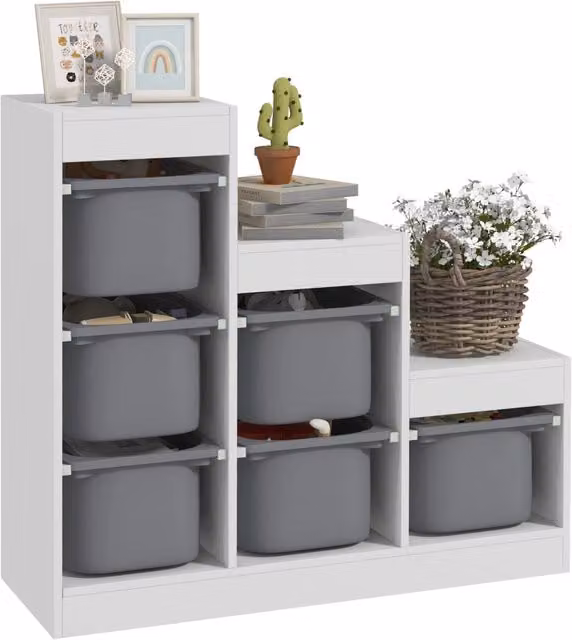 Scaffale Portagiochi per Bambini GIORDANOSHOP a 3 Livelli con 6 Contenitori, L/P/H: 96 x 38,5 x 90 cm, Grigio e Bianco – 1