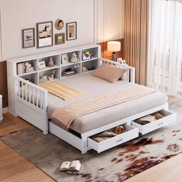Divano letto estraibile 90x190 cm in legno; 2 cassetti; rete a doghe; bianco