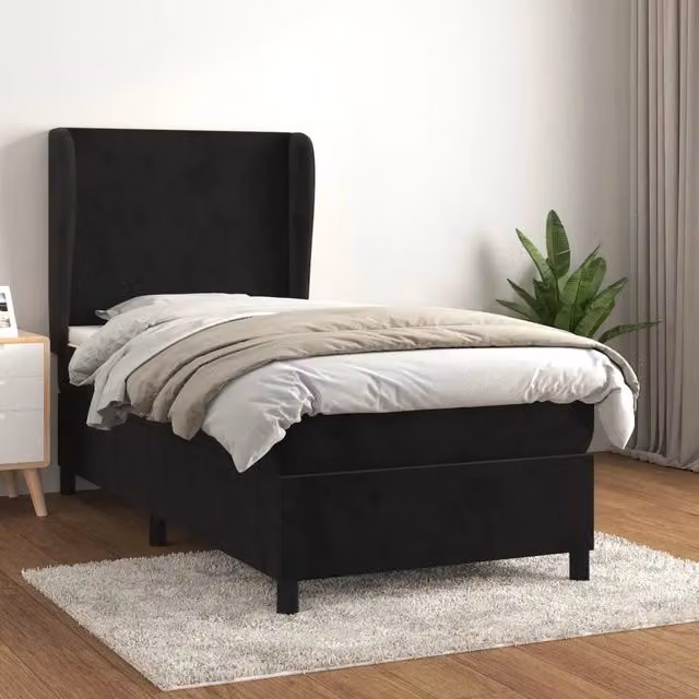 Letto Ibrido vidaXL con Giroletto a Molle e Materasso in Velluto Nero, L/P/H: 90 x 190 cm – 1