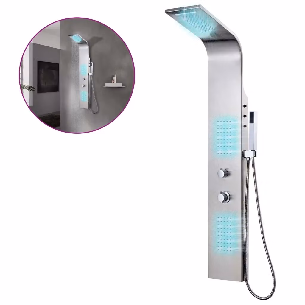 Pannello Doccia Curvo vidaXL in Acciaio Inossidabile Spazzolato Argento con Doccino a Mano e Termostato, Funzioni Rain e Massage, H: 130 cm, L: 44 cm, P: 20 cm – 2