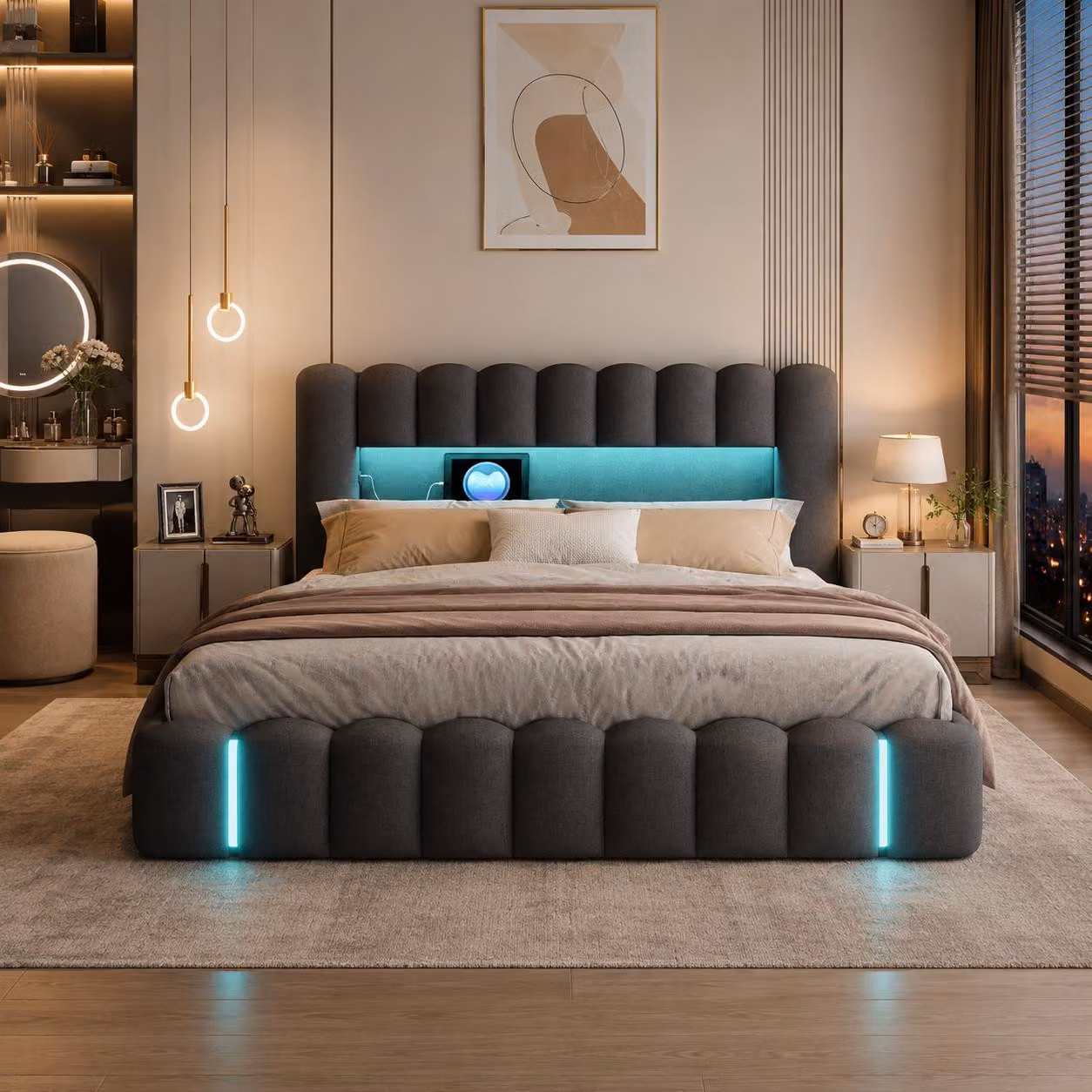 Letto imbottito INONEFT modello Bubble, dimensioni 140x200 cm, con spazio contenitore ad apertura idraulica, letto per ragazzi con illuminazione LED e prese USB, senza materasso, tessuto in lino, colore grigio