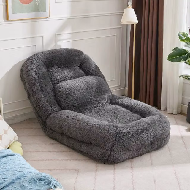 Divano letto convertibile OKWISH moderno in tessuto grigio con struttura in metallo e schienale regolabile