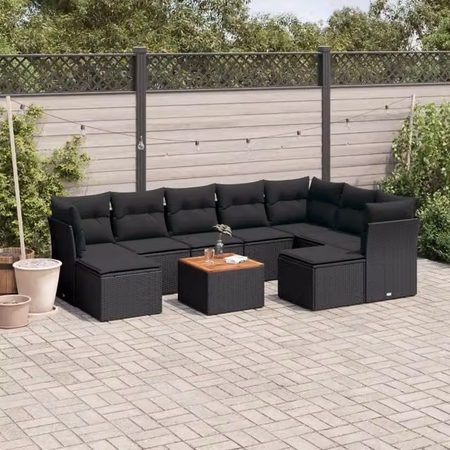 Set Divani da Giardino 10pz con Cuscini in Polyrattan Nero 3256293