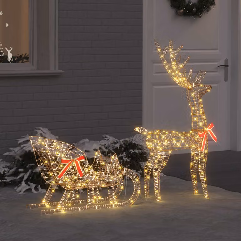 Slitta trainata da renna con luci LED vidaXL, Bianco caldo, L 70 x P 26 x H 129 cm