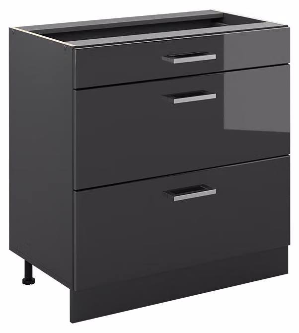 Mobiletto base per cucina Vicco R-Line Antracite lucido/Antracite 80 cm con 3 cassetti senza piano di lavoro, Model 72375