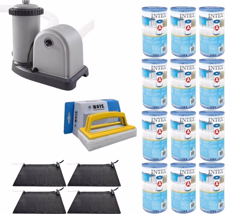 WAYS - Cura della piscina - 4x riscaldatore per piscina e pompa filtro 5678 L/u e 12 filtri di tipo A & spazzola WAYS per il lavaggio