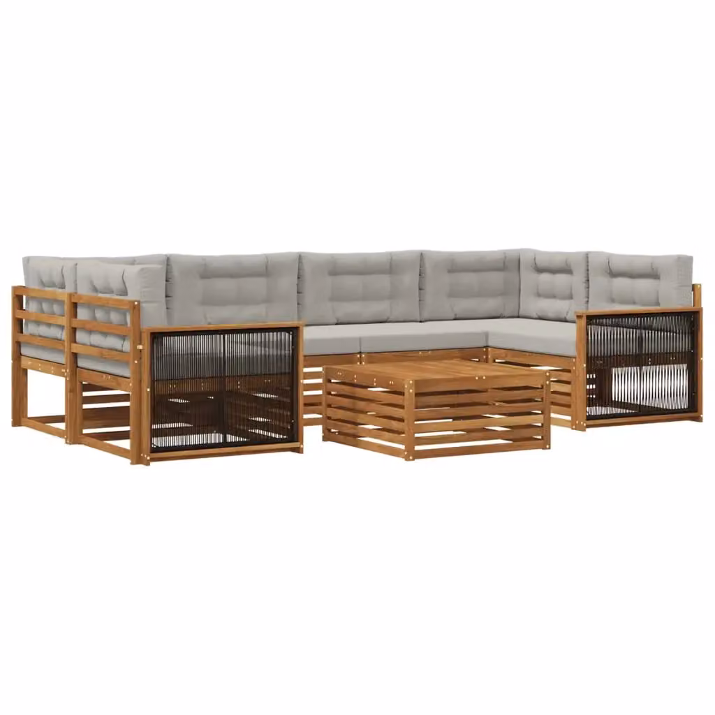 Set di divani da esterno a forma di U vidaXL in legno di acacia con tavolino e cuscini, beige e grigio – 2