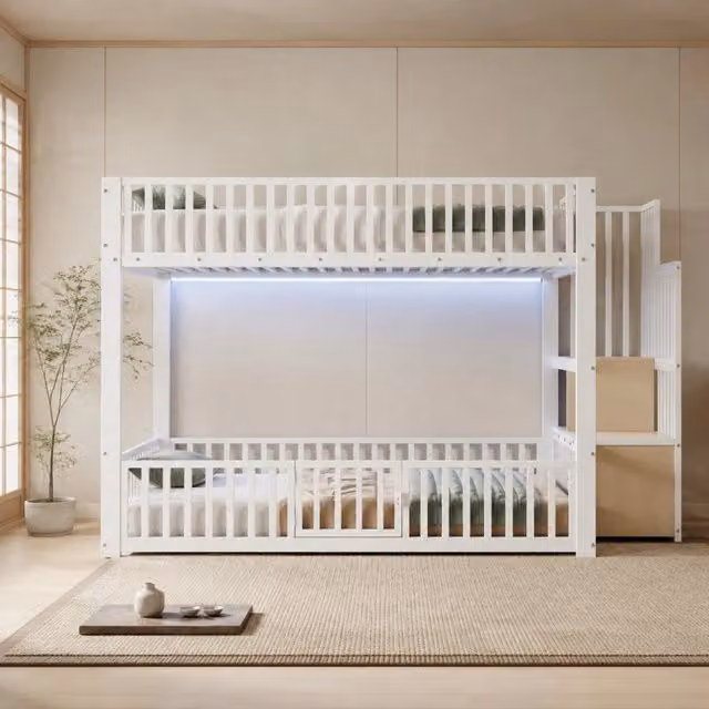 Letto a castello Mivray a due livelli con scala contenitore e illuminazione LED in metallo e MDF bianco L/P: 140 x 200 cm