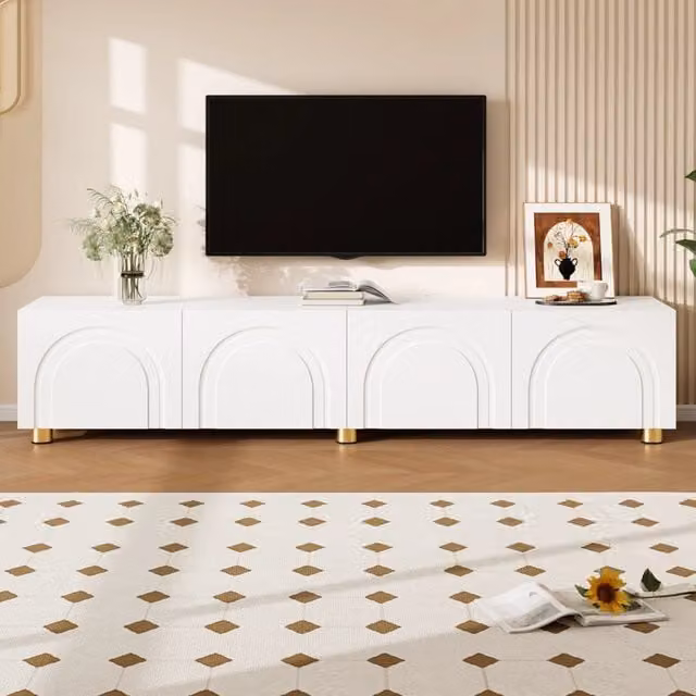 Mobile TV Mivray a 4 ante con rilievo ad arco e piedi in metallo, bianco, L/P/H: 180 x 40 x 35 cm