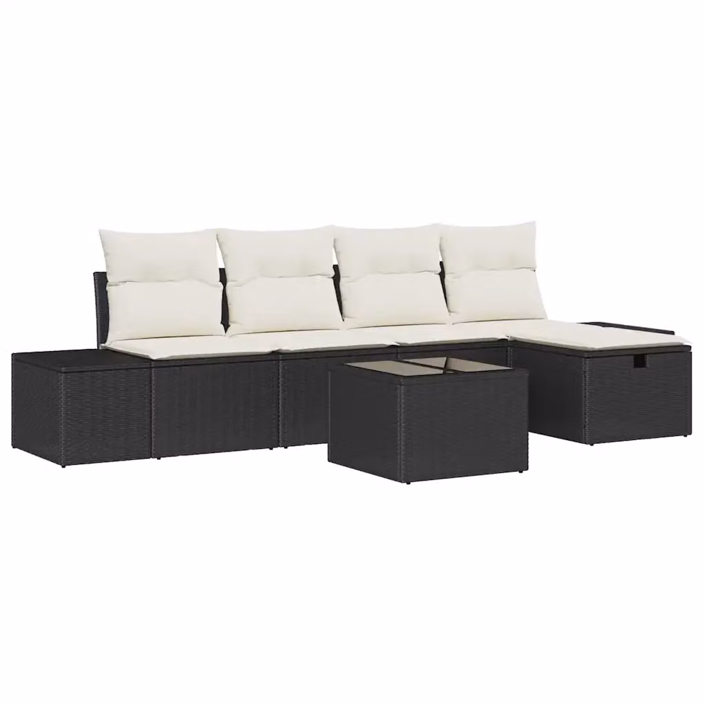 Set Divano da Giardino vidaXL 6 Pezzi in Polyrattan Nero con Cuscini Beige e Tavolino – 2