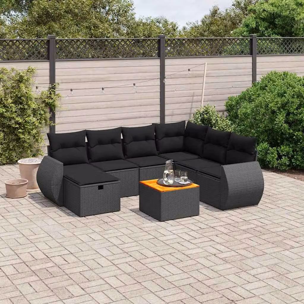 vidaXL Set Divani da Giardino a L con Cuscini 8 pz Nero in Polyrattan e Acciaio – 1
